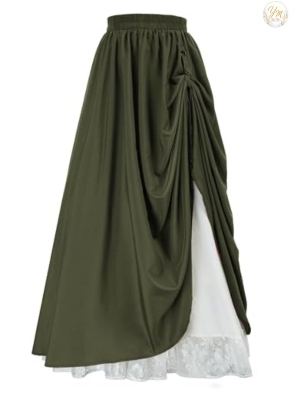 Double Layered Renaissance Maxi Skirt A-Line Flowy Lace Trim Elastic Waist